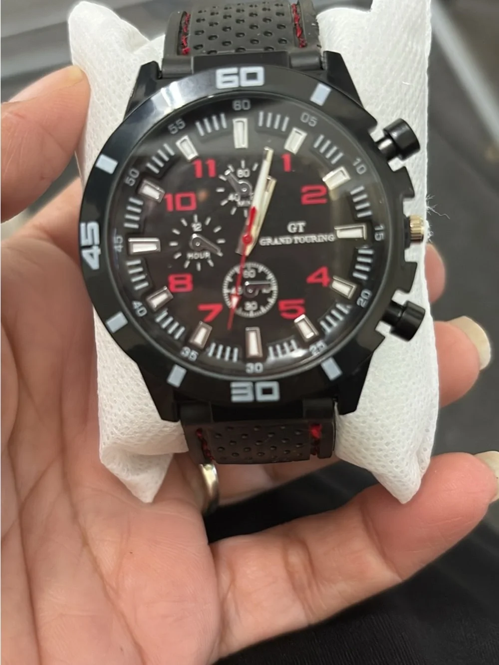 GT Grand Touring Black Sport Watch with Red Accents